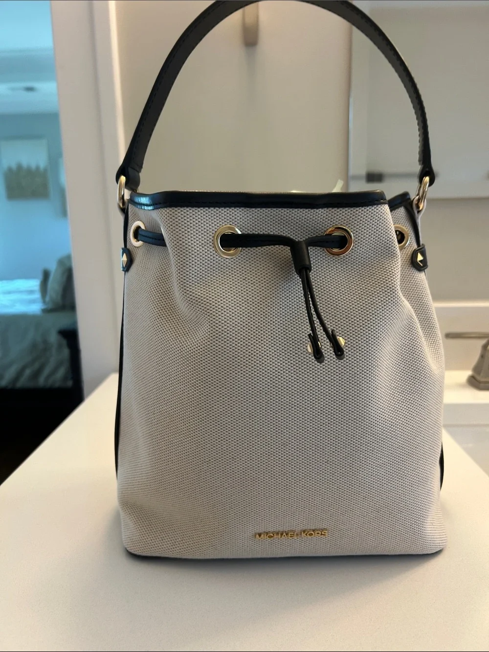 Michael Kors Cream and Black Drawstring Shoulder Bucket Bag